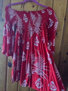 Kahulalea Red palapalai Off-Shoulder Long Sleeve short Dress